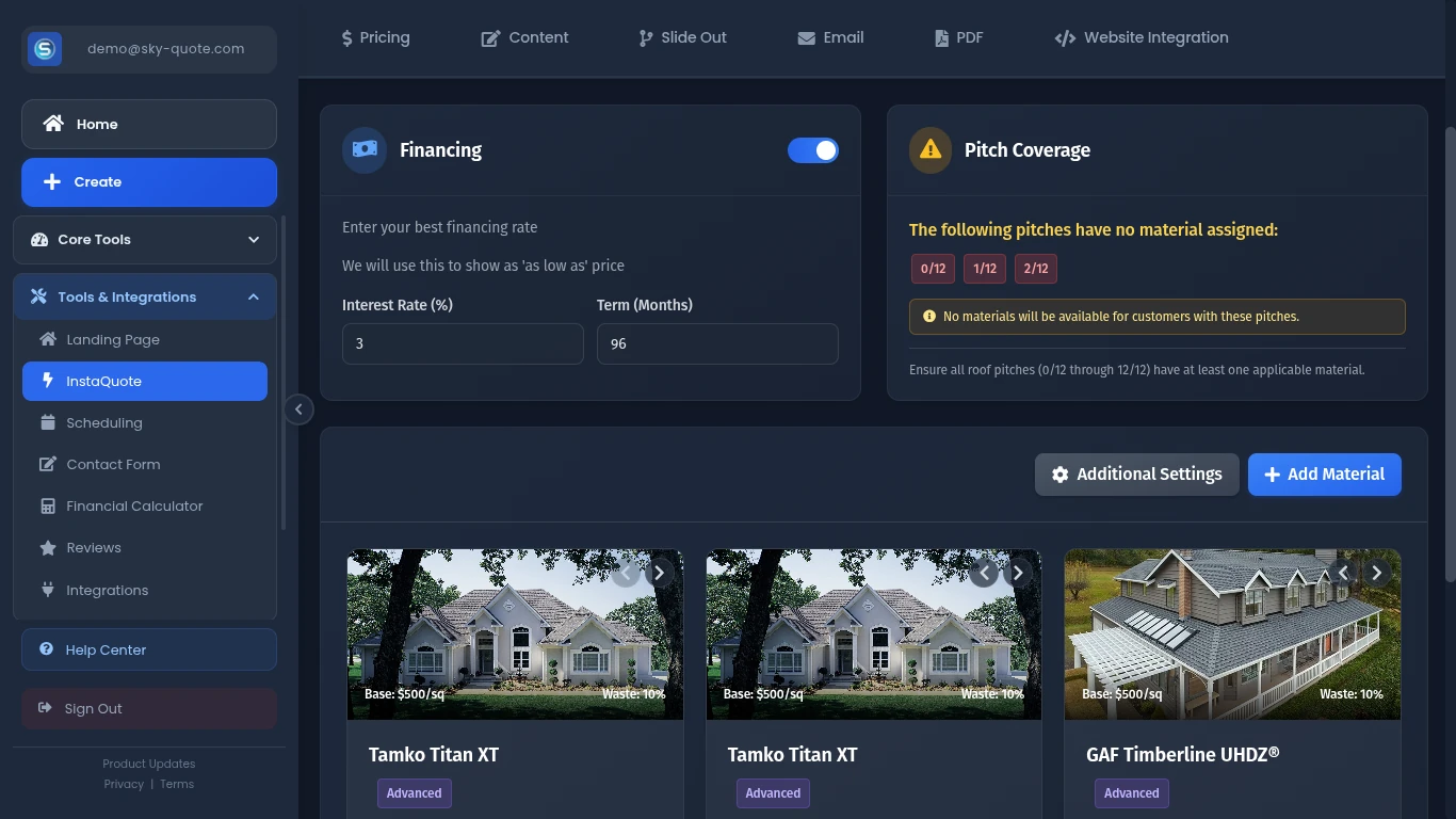 InstaQuote Configuration Screen 1