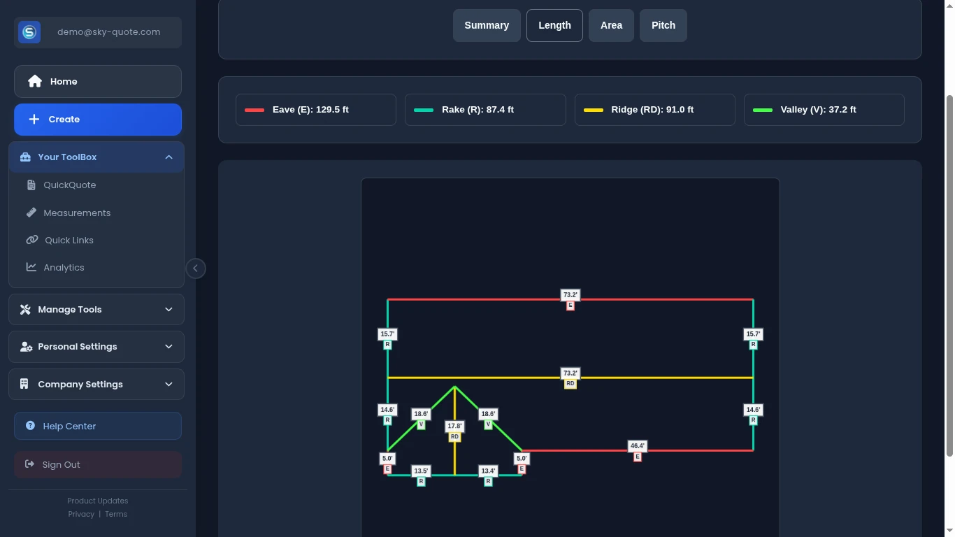 Roof measurement report preview showing totals and labeled diagram