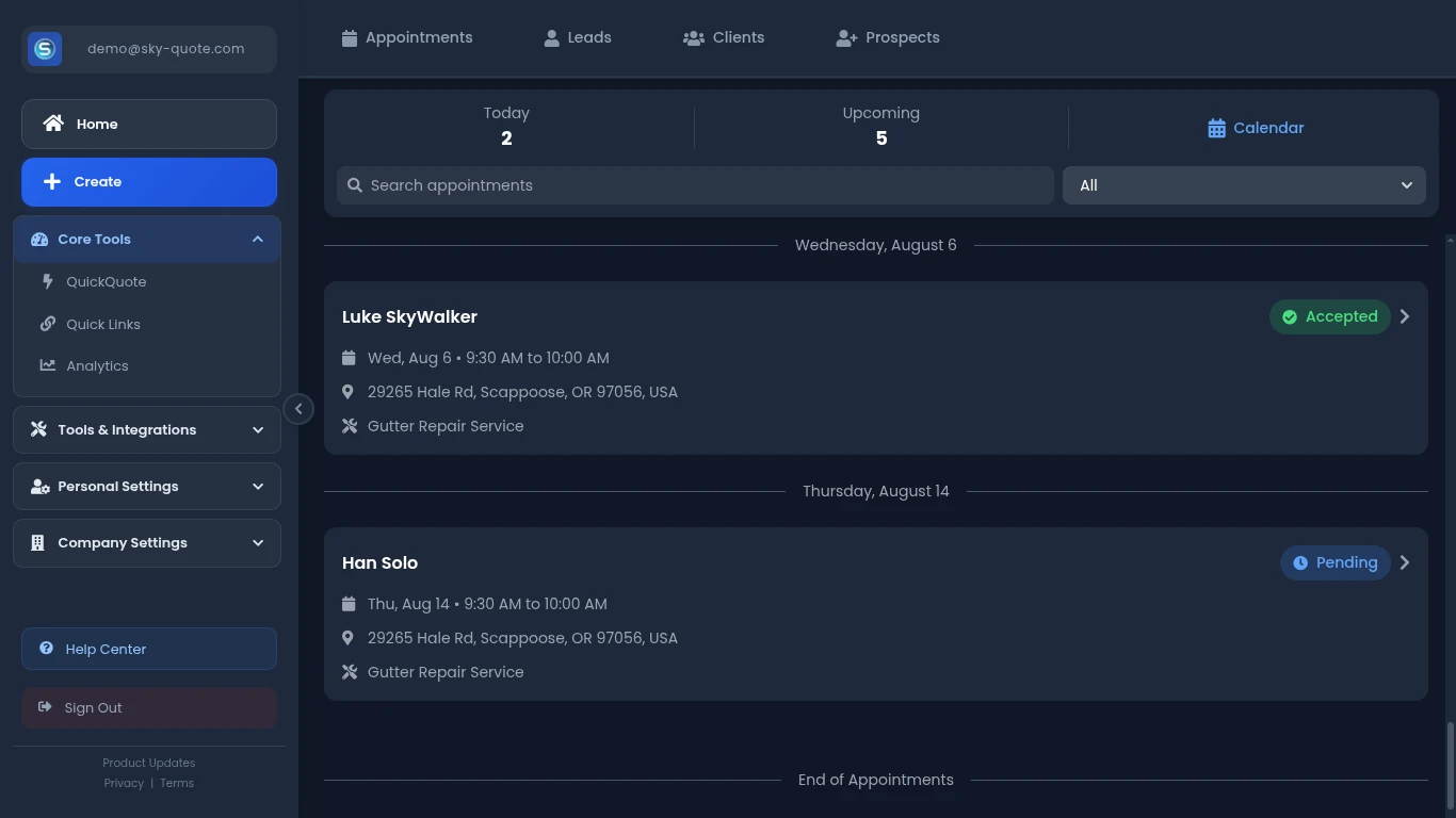 Roofer Dashboard Desktop